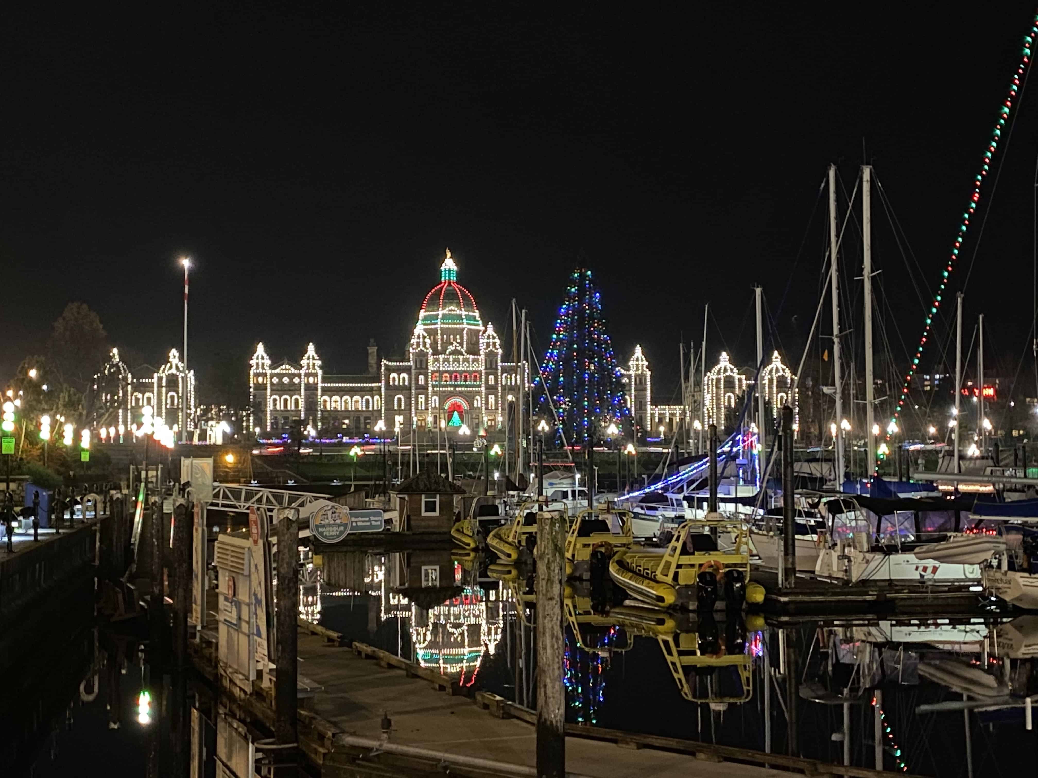 The gorgeous Victoira Harbour with festive lights, looking towards the Parliament Buildings.