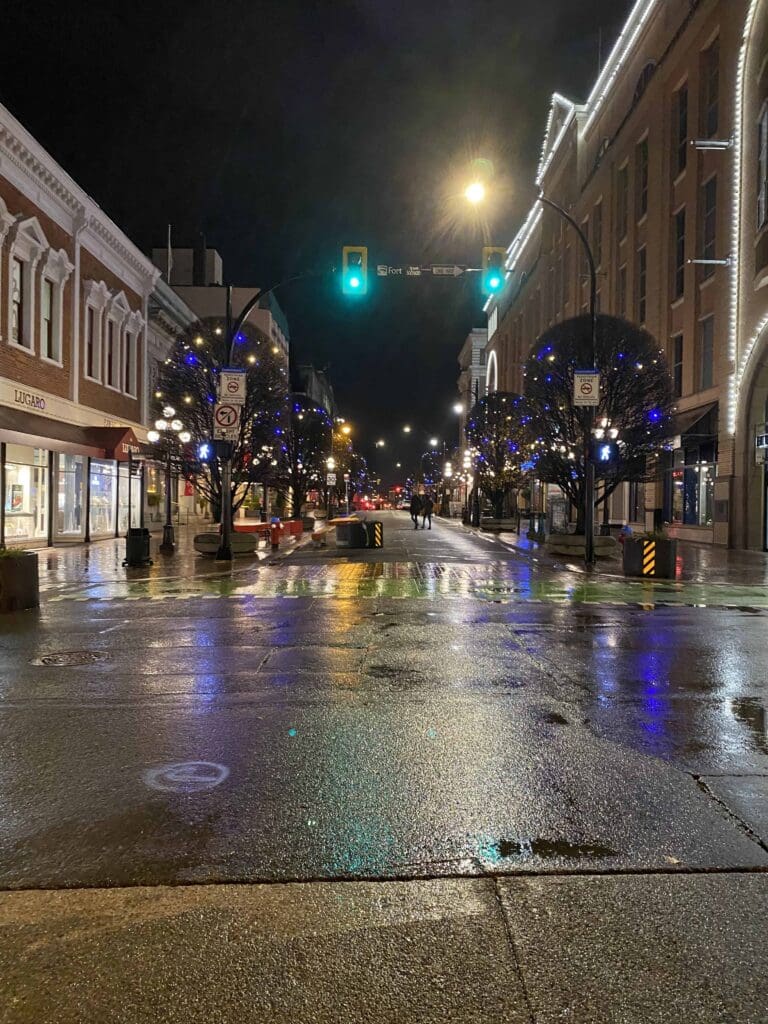 This is Government Street during the Christmas season on a quiet rainy night