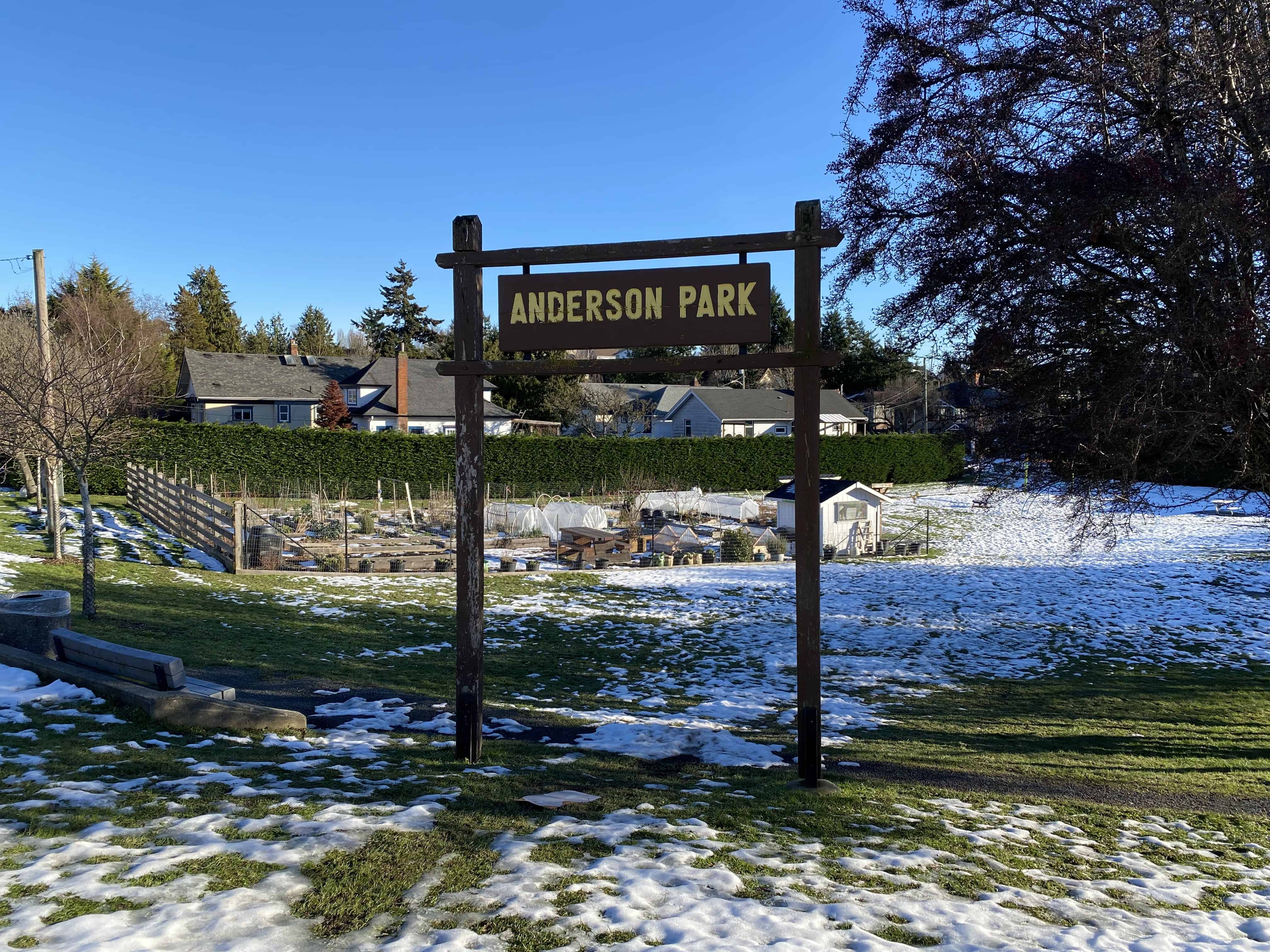 Anderson Park Esquimalt BC Parks with Community Gardens in background