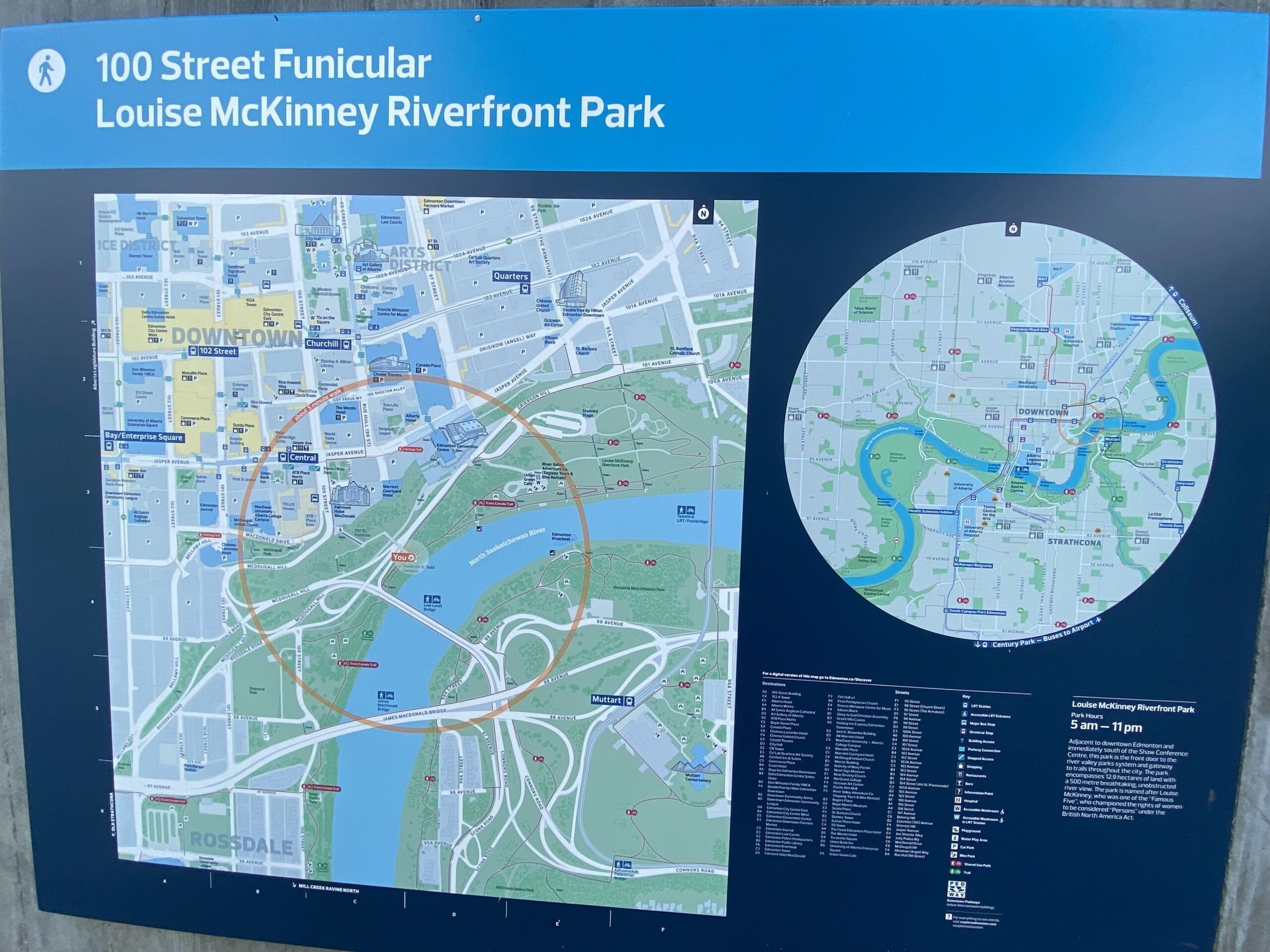 Signage circling the area around the 100th Street Funicular and trails.