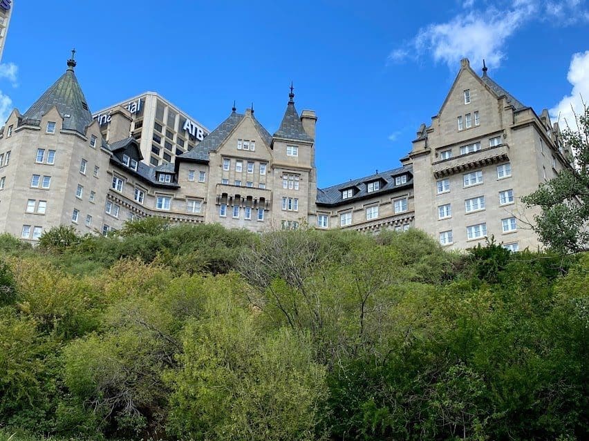 The grand Fairmont MacDonald Edmonton from the funicular walkway.