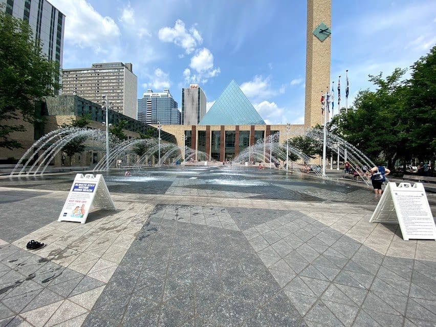 Fountains outside the Edmonton City Hall offer a great way to cool down on a hot summer day!