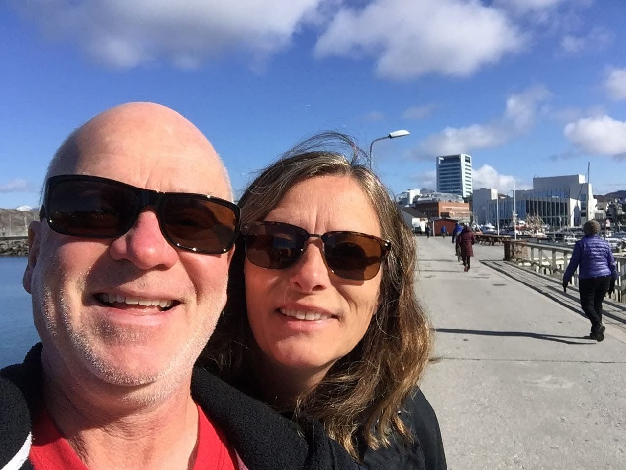 Gail and Paul, happy walking along the water.   Walked each of the 3 days in Bod&oslash; Norway
