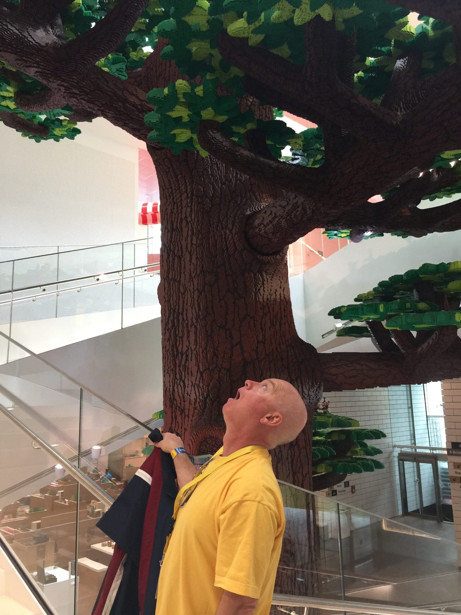 Inside Billund Denmark Lego House  Paul looking up at Tree of Creativity.