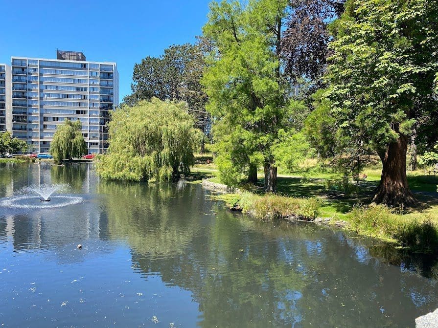 View from the Stone Bridge looking towards apartment building adjacent to the park.