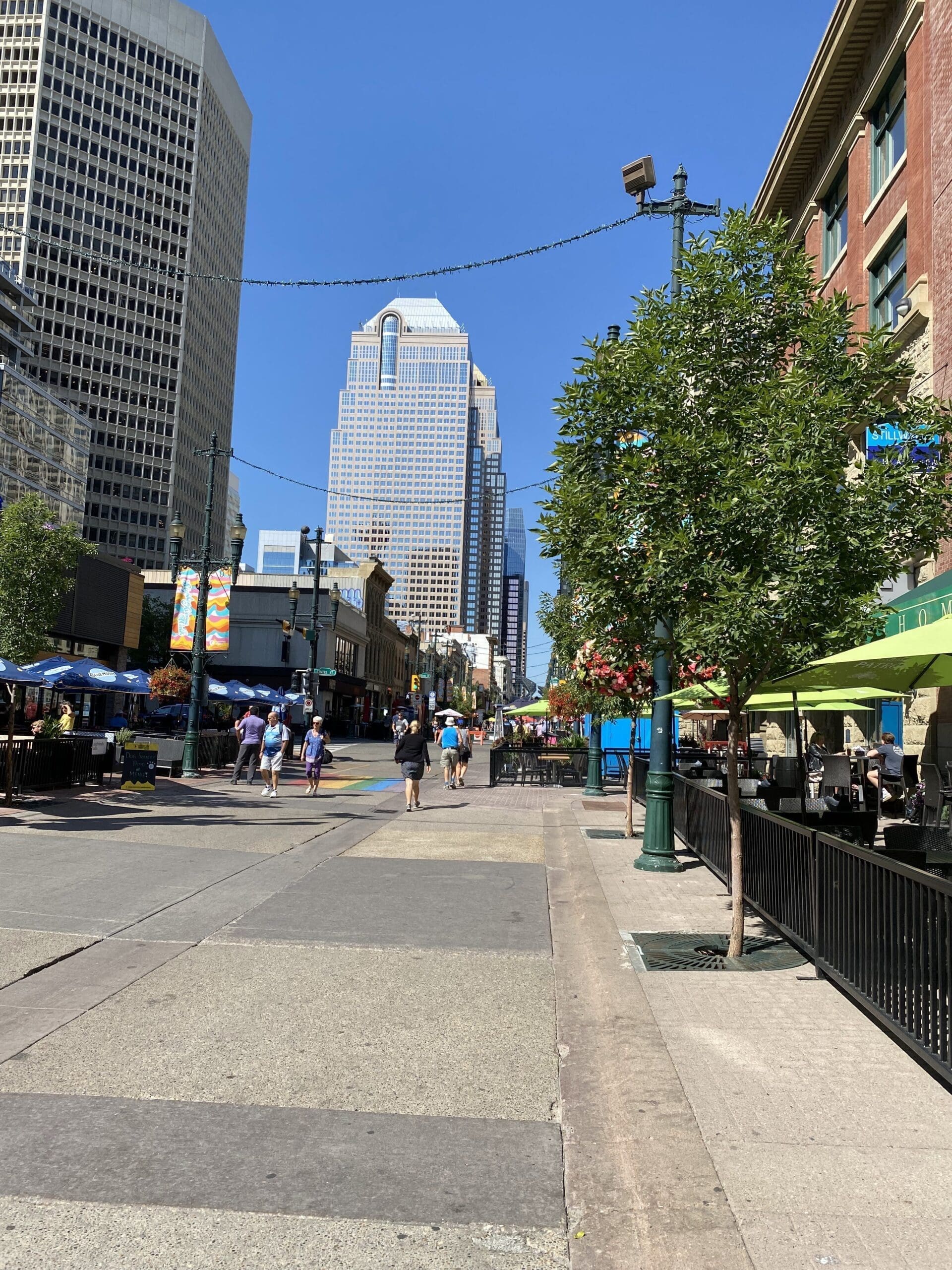 This is Stephen Avenue Walk with restaurants on either side. Without a doubt an enjoyable activity when in downtown Calgary!