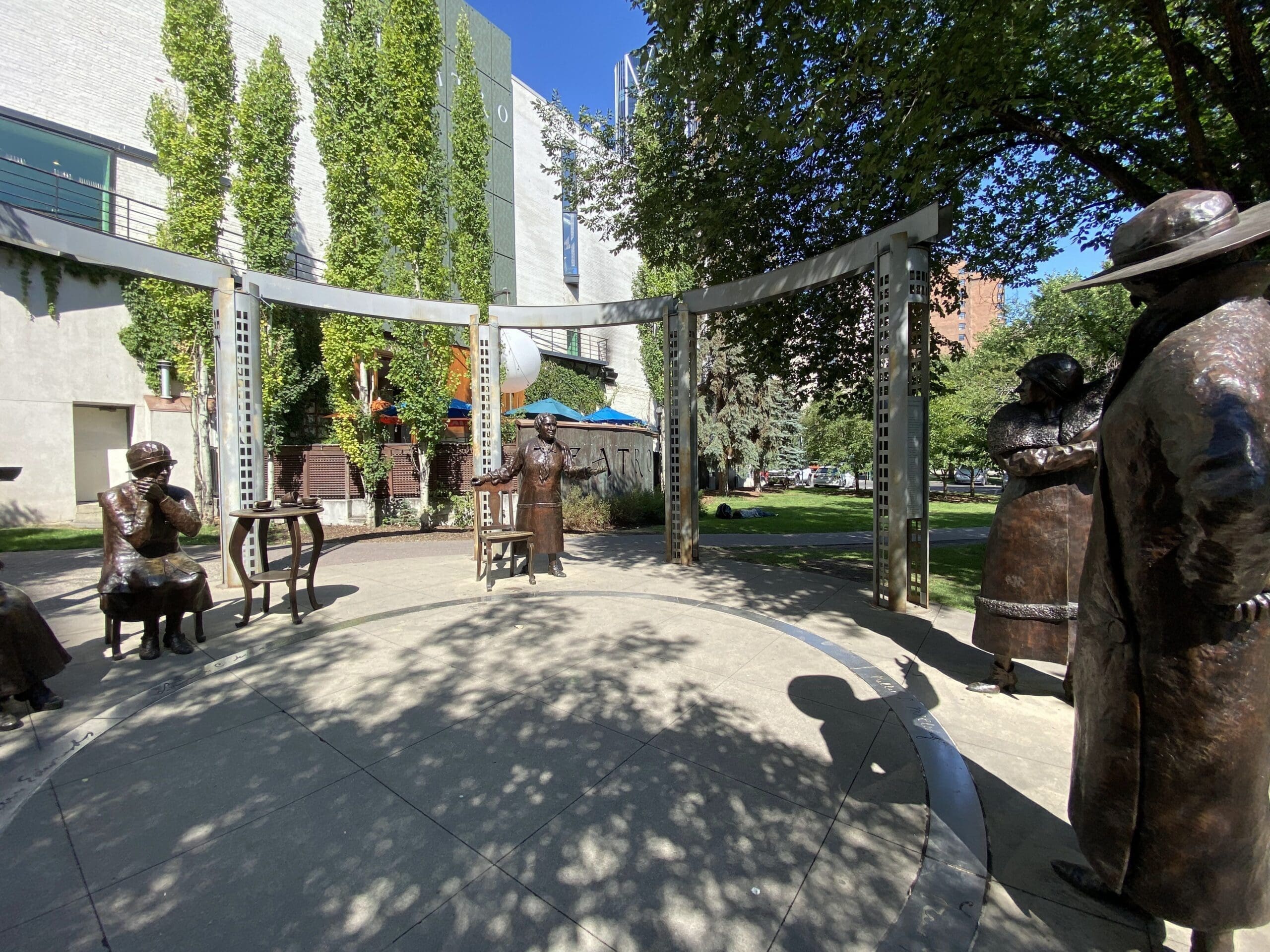 The famous 5 Statues located in downtown Calgary. Lots of people sit in the chair next to the Emily Murphy statue shown here to have their pictures taken with these 5 outstanding women. In this way, they can be "part of the conversation".