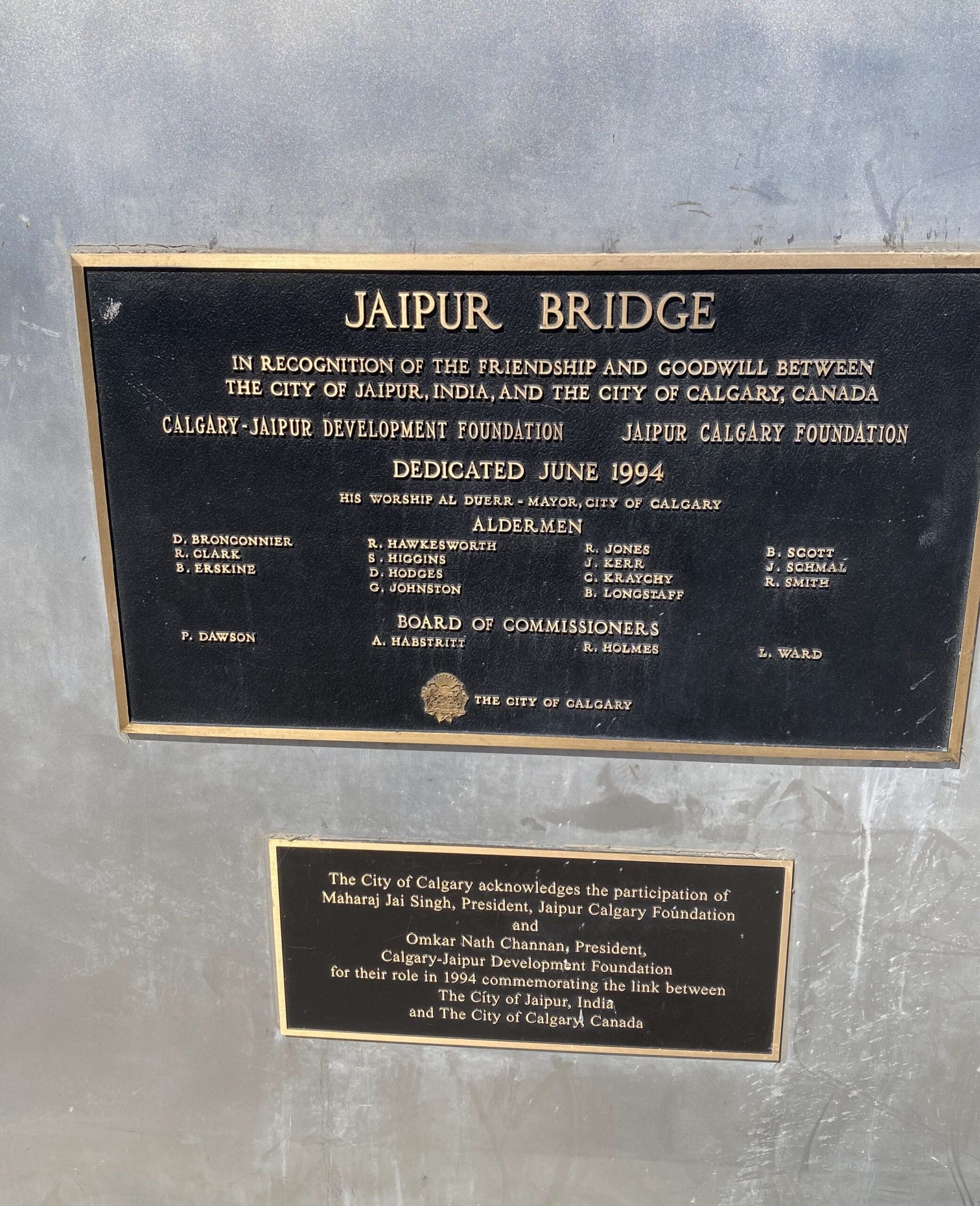 Signage in front of the Bridge, recognizing the "friendship and goodwill between the City of Jaipur India and the City of Calgary".