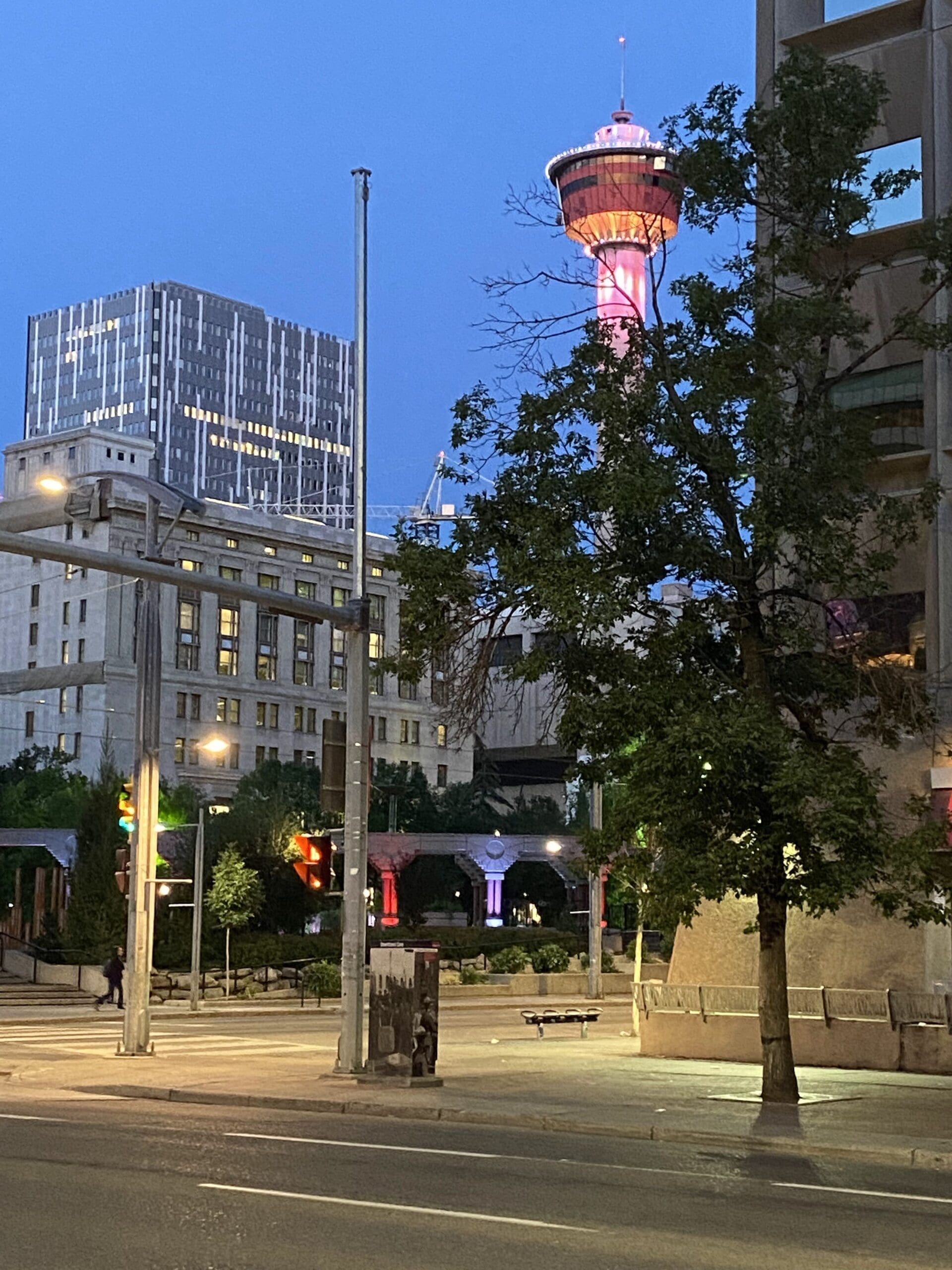 Calgary Tower around sunrise in August 2022.