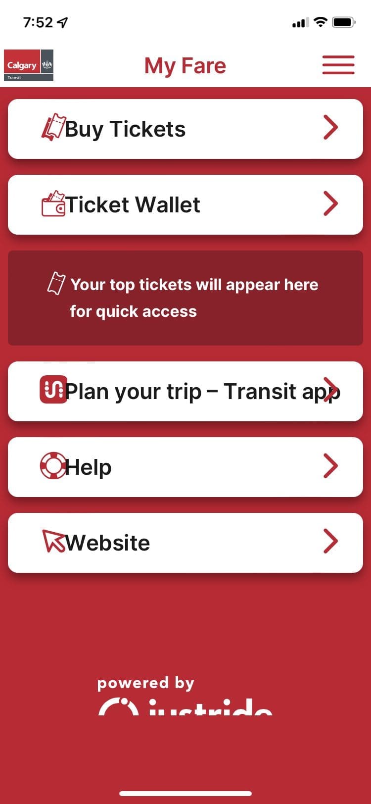 Main screen "My Fare" on Calgary transit app for phone.