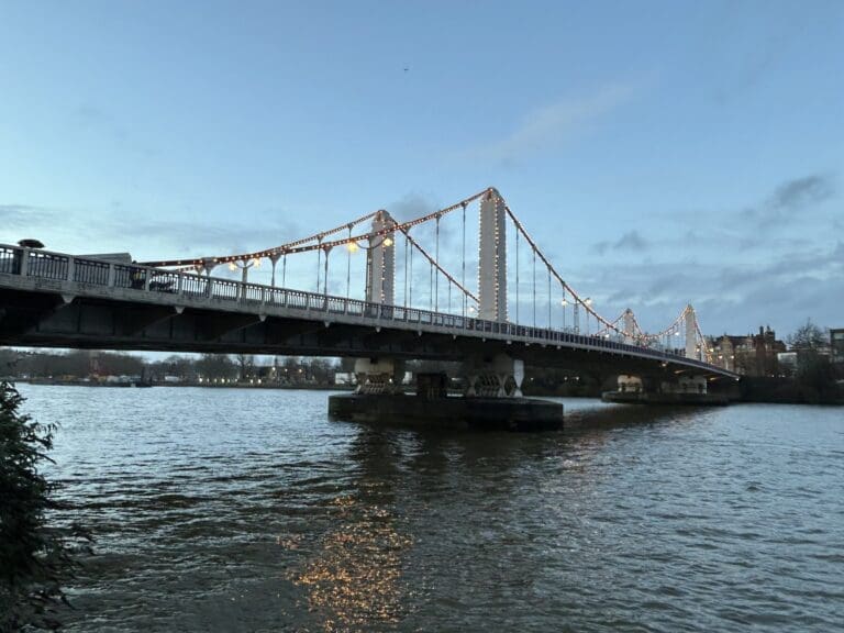 Chelsea Bridge as the illumination begins early evening.