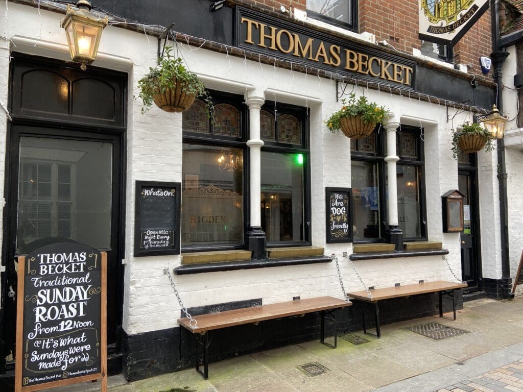 Thomas Becket Restaurant view from street. Gail would return on another day trip from London to Canterbury by train just to enjoy the Chicken strips!